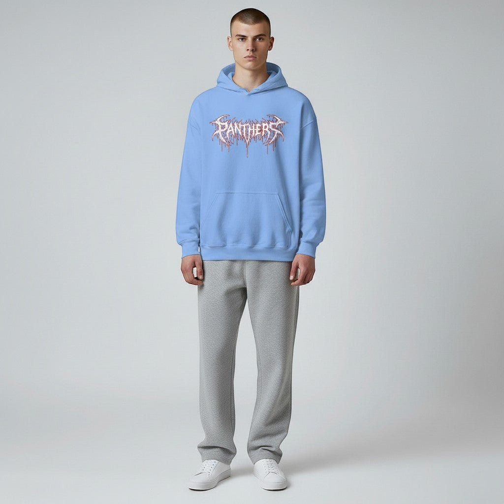 GYM PANTHERS light blue hooded sweatshirt with white and red dripping 'PANTHERS' graphic logo on the chest.