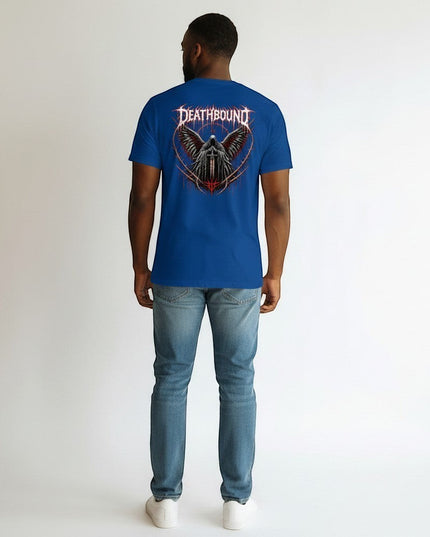 GYM PANTHERS blue 100% cotton t-shirt with a graphic print of a grim reaper figure with wings and a sword.