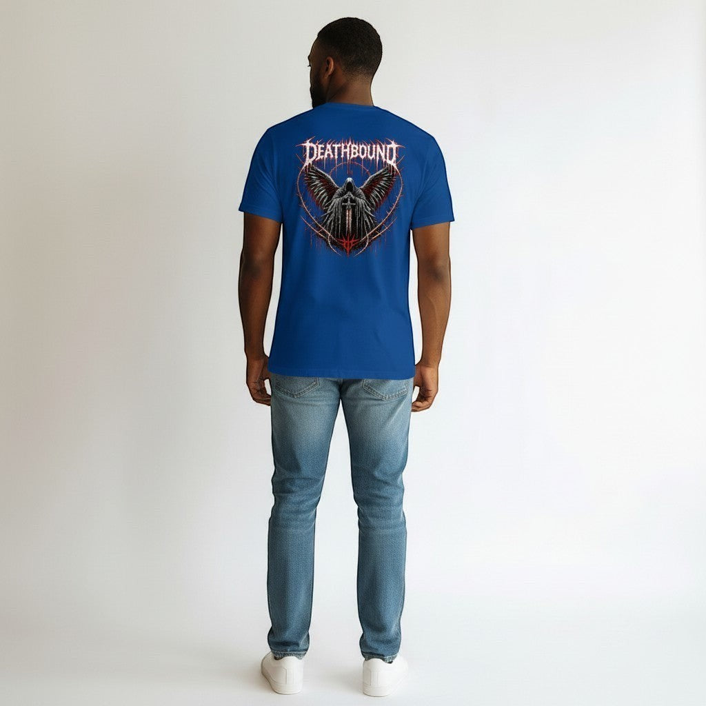 GYM PANTHERS blue 100% cotton t-shirt with a graphic print of a grim reaper figure with wings and a sword.