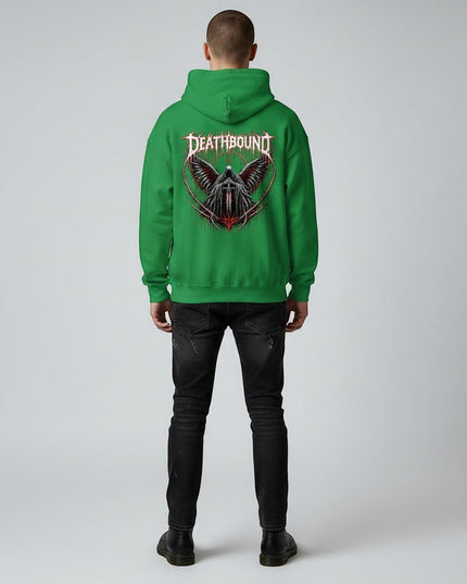 GYM PANTHERS green graphic hoodie with 'Deathbound' text and a winged figure holding a sword.