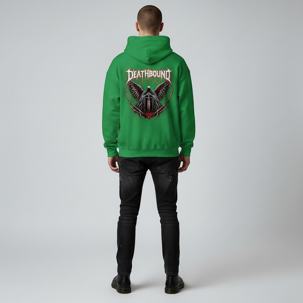 GYM PANTHERS green graphic hoodie with 'Deathbound' text and a winged figure holding a sword.