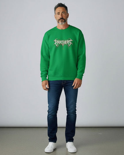 GYM PANTHERS green crewneck sweatshirt with white and red 'Panthers' graphic featuring a dripping, gothic font.