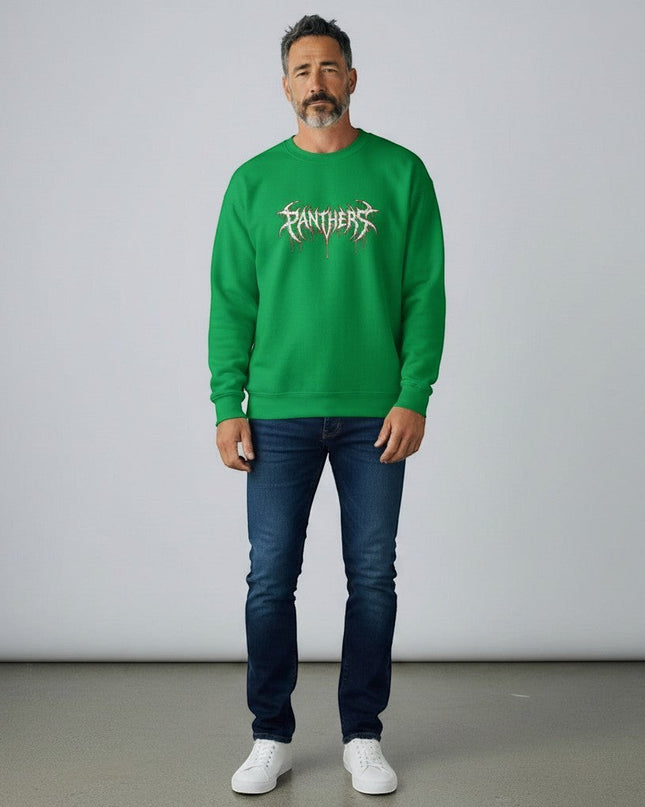 GYM PANTHERS green crewneck sweatshirt with white and red 'Panthers' graphic featuring a dripping, gothic font.