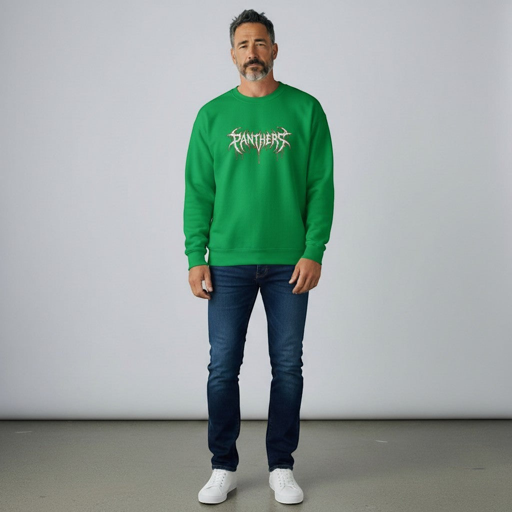 GYM PANTHERS green crewneck sweatshirt with white and red 'Panthers' graphic featuring a dripping, gothic font.