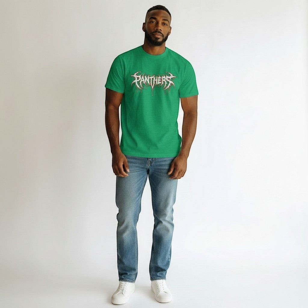 Green GYM PANTHERS t-shirt with a white and red 'Panthers' graphic logo with a dripping effect. Made from 100% cotton.