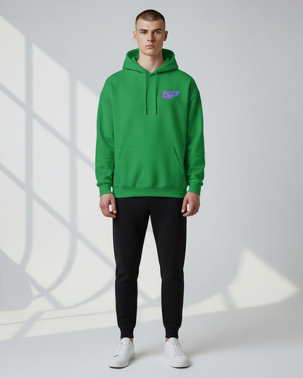 Gym Panthers green unisex hoodie with double-lined hood, drawcord, pouch pocket, and gradient GP logo on chest.