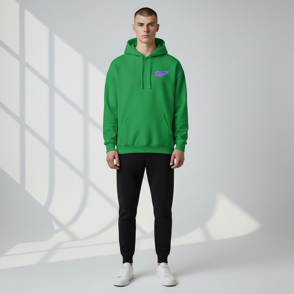 Gym Panthers green unisex hoodie with double-lined hood, drawcord, pouch pocket, and gradient GP logo on chest.