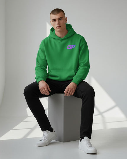 Gym Panthers green unisex hoodie with a gradient GP logo on the chest and a front pouch pocket.