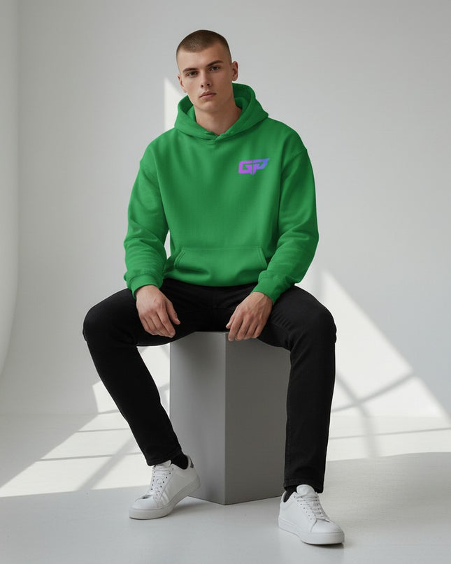 Gym Panthers green unisex hoodie with a gradient GP logo on the chest and a front pouch pocket.