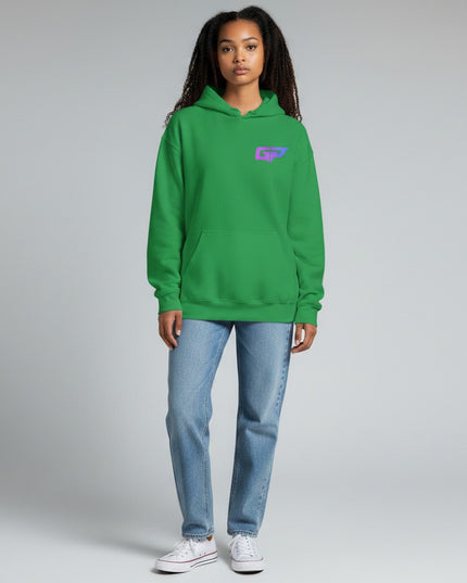GYM PANTHERS green premium cotton hoodie with double-lined hood and front pouch pocket, featuring a purple and blue GP logo on the chest.