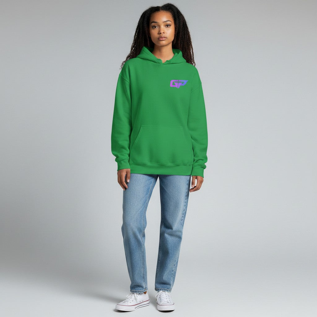 GYM PANTHERS green premium cotton hoodie with double-lined hood and front pouch pocket, featuring a purple and blue GP logo on the chest.
