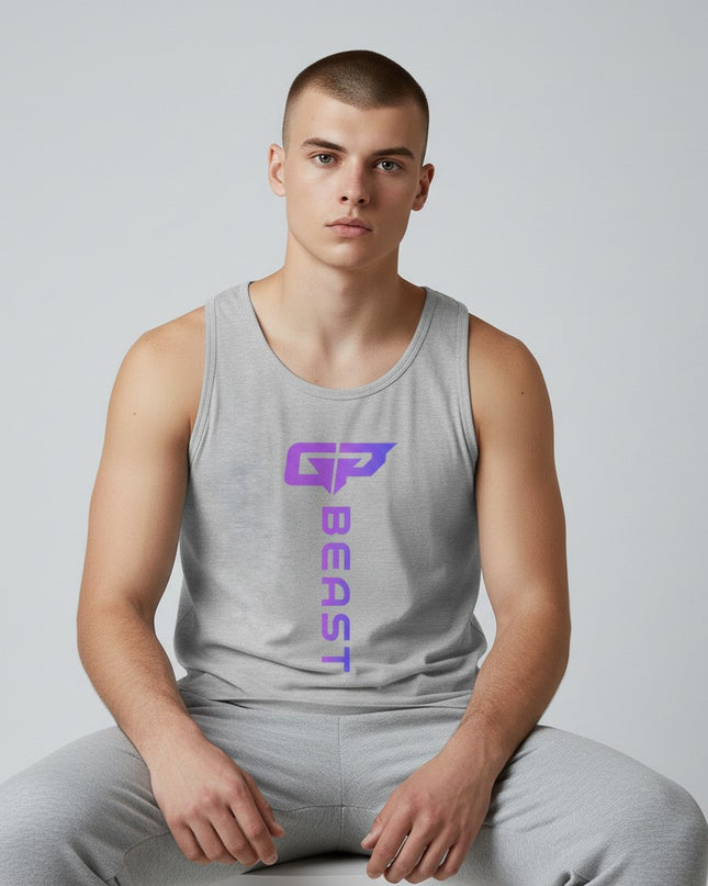 GYM PANTHERS grey cotton tank top with vertical purple gradient 'BEAST' logo and GP emblem on chest.