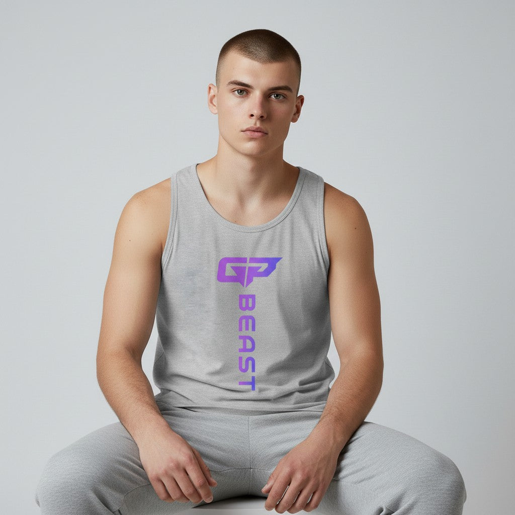 GYM PANTHERS grey cotton tank top with vertical purple gradient 'BEAST' logo and GP emblem on chest.