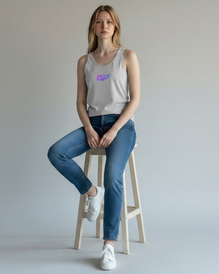 GYM PANTHERS light grey cotton blend women's tank top with purple GP logo on chest, crew neck, sleeveless.