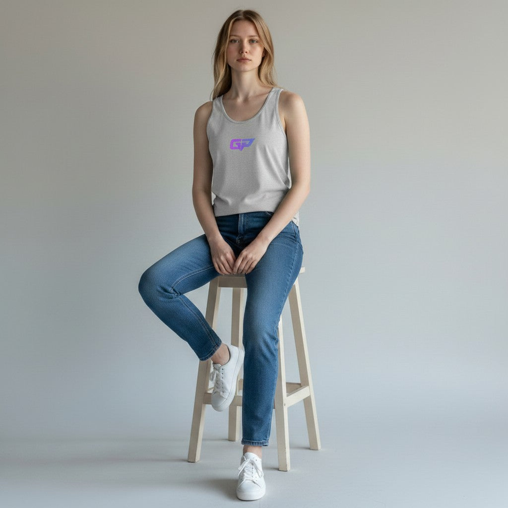 GYM PANTHERS light grey cotton blend women's tank top with purple GP logo on chest, crew neck, sleeveless.