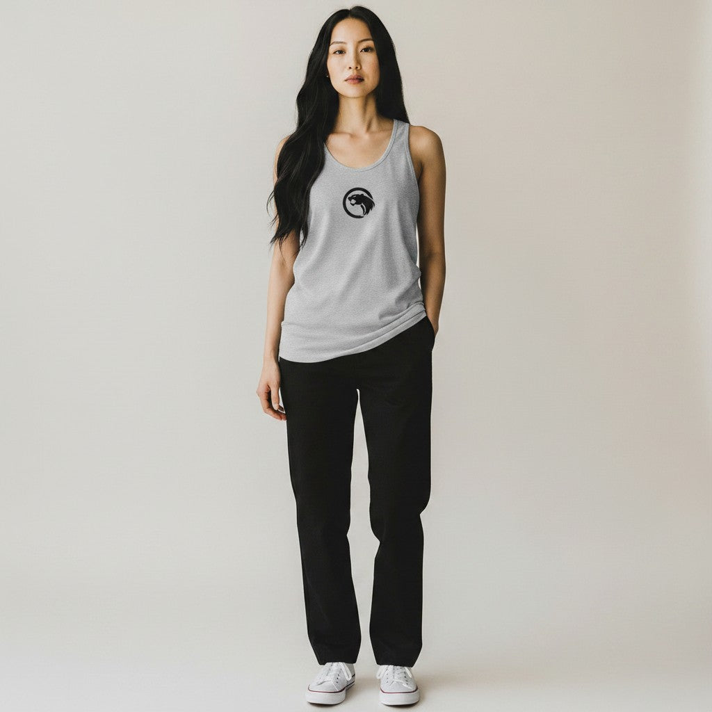 GYM PANTHERS grey 100% combed ringspun cotton women's tank top with black panther logo on chest