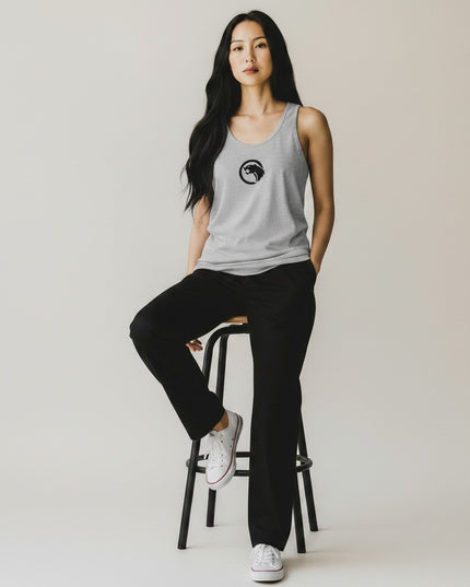 GYM PANTHERS light grey cotton blend women's tank top with black panther logo on chest, worn by a model with black pants.