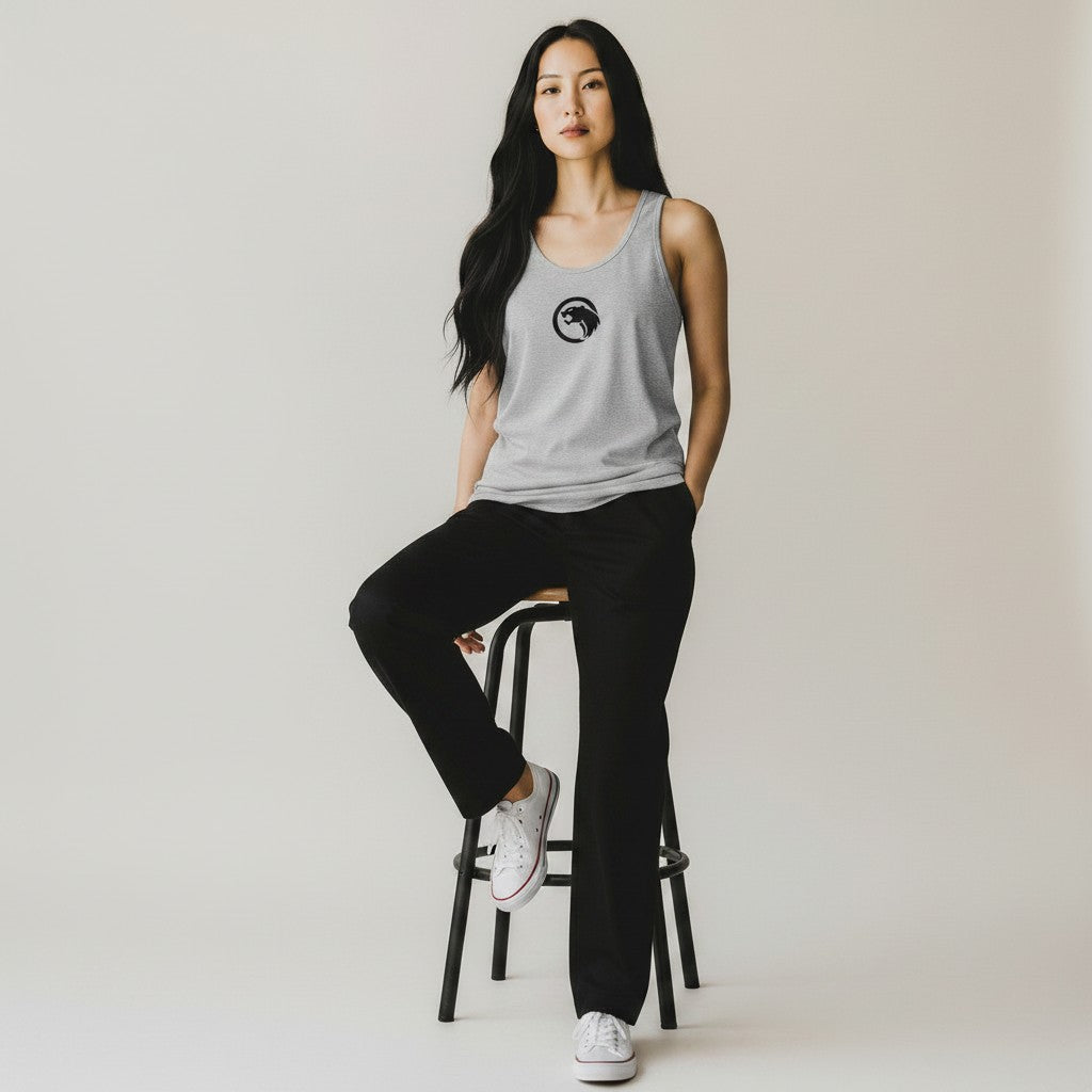 GYM PANTHERS light grey cotton blend women's tank top with black panther logo on chest, worn by a model with black pants.
