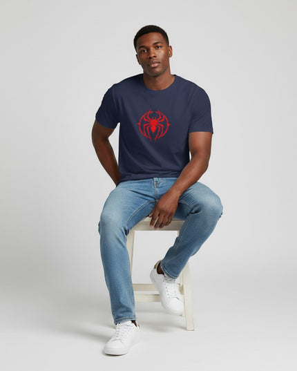 GYM PANTHERS navy blue t-shirt with a red spider graphic and flames design on the chest.