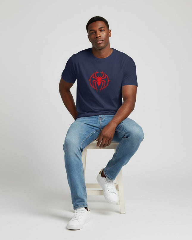 GYM PANTHERS navy blue t-shirt with a red spider graphic and flames design on the chest.