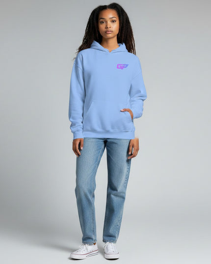 GYM PANTHERS light blue premium cotton blend women's hoodie with a purple and pink gradient GP logo on the left chest and a front pouch pocket.