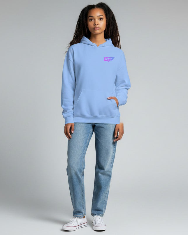 GYM PANTHERS light blue premium cotton blend women's hoodie with a purple and pink gradient GP logo on the left chest and a front pouch pocket.