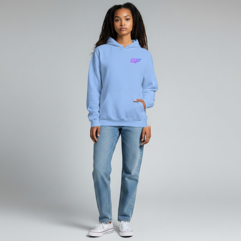 GYM PANTHERS light blue premium cotton blend women's hoodie with a purple and pink gradient GP logo on the left chest and a front pouch pocket.