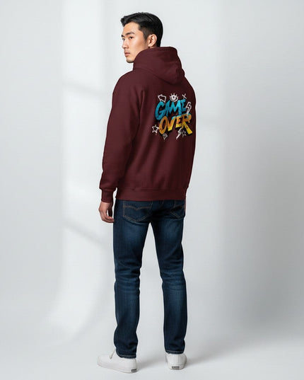 GYM PANTHERS maroon hoodie with "GAME OVER" graffiti graphic on back. Soft-touch finish, structured fit.
