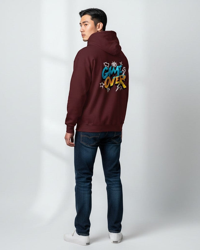 GYM PANTHERS maroon hoodie with "GAME OVER" graffiti graphic on back. Soft-touch finish, structured fit.