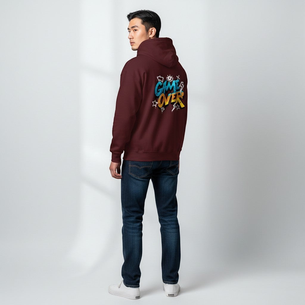GYM PANTHERS maroon hoodie with "GAME OVER" graffiti graphic on back. Soft-touch finish, structured fit.