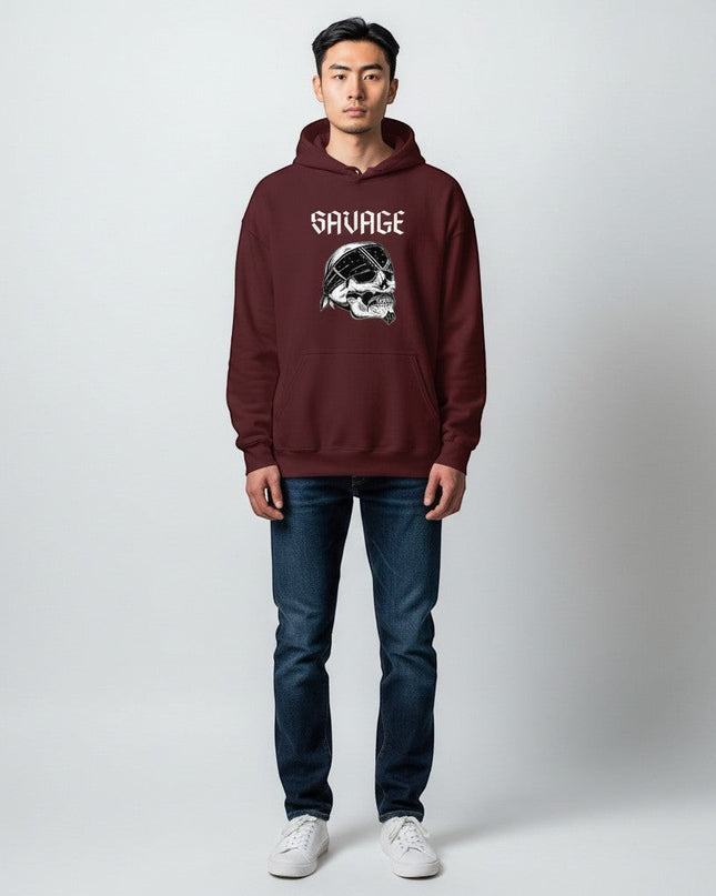 GYM PANTHERS maroon hoodie with "SAVAGE" text and skull graphic wearing a bandana.