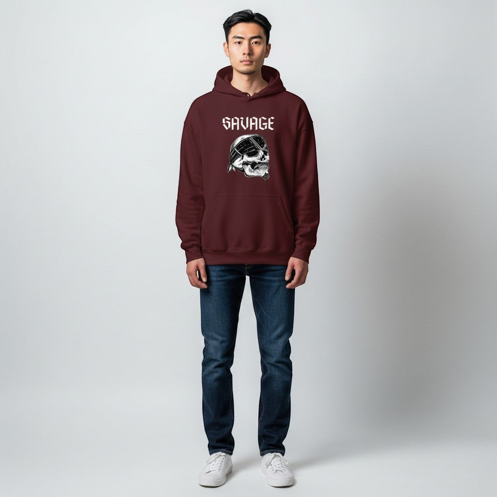 GYM PANTHERS maroon hoodie with "SAVAGE" text and skull graphic wearing a bandana.