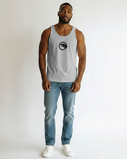 GYM PANTHERS Men's grey athletic cut tank top with black panther logo on chest. Made from combed and ringspun cotton.