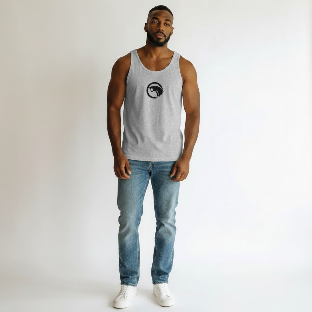 GYM PANTHERS Men's grey athletic cut tank top with black panther logo on chest. Made from combed and ringspun cotton.