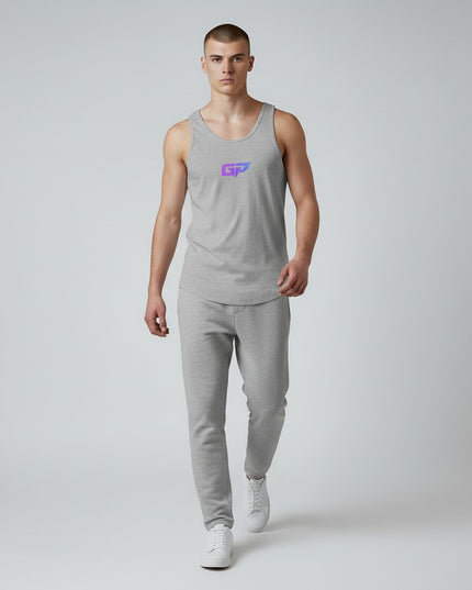 GYM PANTHERS Men's grey classic tank top with a purple and blue gradient GP logo on the chest. Made from 100% combed and ringspun cotton.