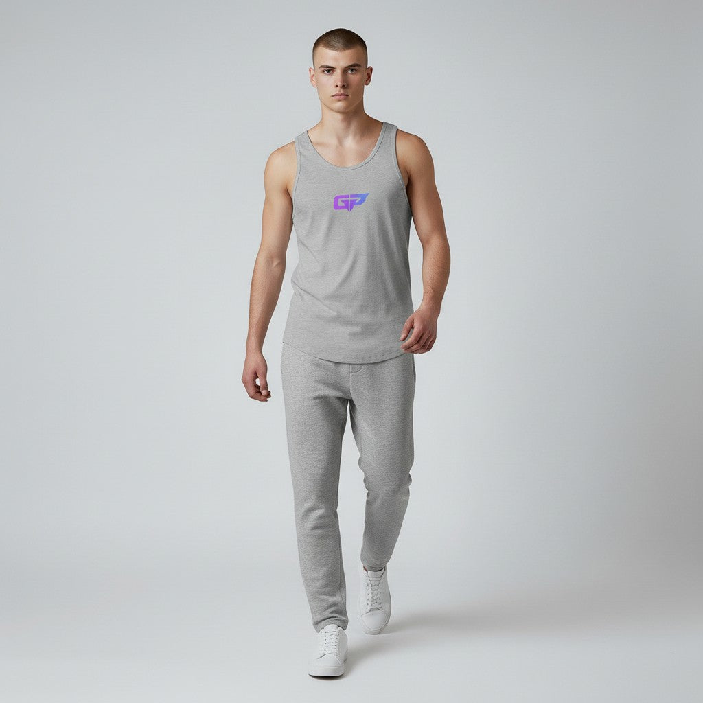 GYM PANTHERS Men's grey classic tank top with a purple and blue gradient GP logo on the chest. Made from 100% combed and ringspun cotton.