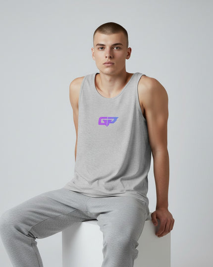 GYM PANTHERS Men's grey classic tank top with a purple and blue gradient GP logo on the chest. Made from 100% combed and ringspun cotton.