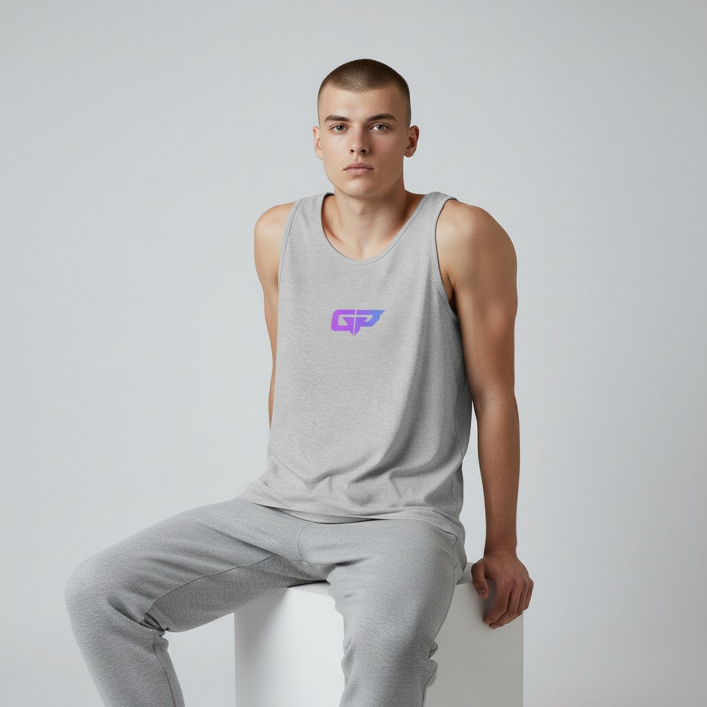 GYM PANTHERS Men's grey classic tank top with a purple and blue gradient GP logo on the chest. Made from 100% combed and ringspun cotton.