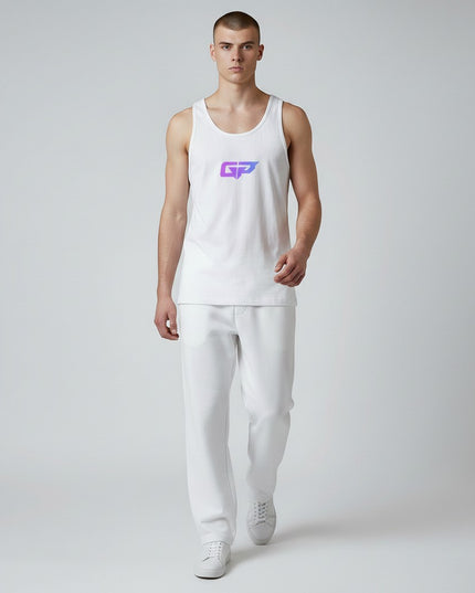 GYM PANTHERS Men's white 100% cotton classic tank top with purple and blue GP logo on chest. Athletic fit.