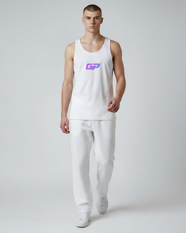GYM PANTHERS Men's white 100% cotton classic tank top with purple and blue GP logo on chest. Athletic fit.