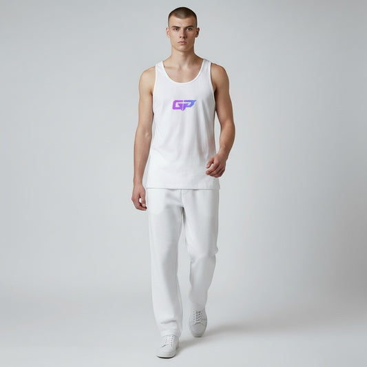 GYM PANTHERS Men's white 100% cotton classic tank top with purple and blue GP logo on chest. Athletic fit.