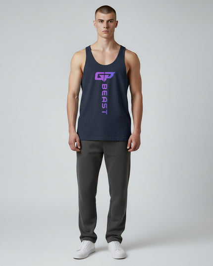 GYM PANTHERS navy blue cotton tank top with purple gradient 'GP' logo and 'BEAST' text vertically printed on the front.