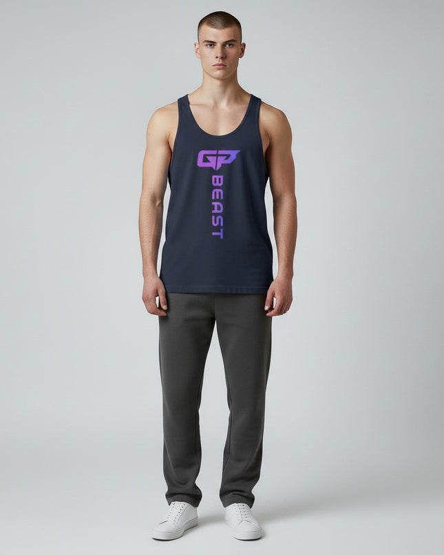 GYM PANTHERS navy blue cotton tank top with purple gradient 'GP' logo and 'BEAST' text vertically printed on the front.