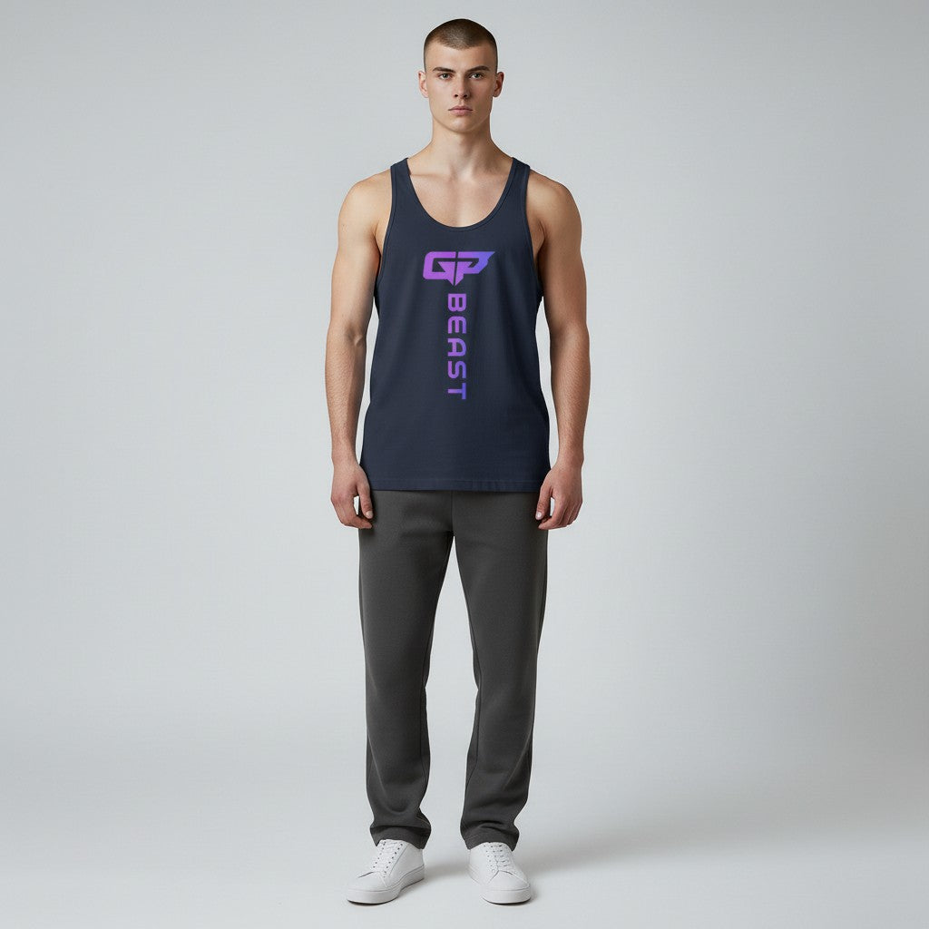 GYM PANTHERS navy blue cotton tank top with purple gradient 'GP' logo and 'BEAST' text vertically printed on the front.