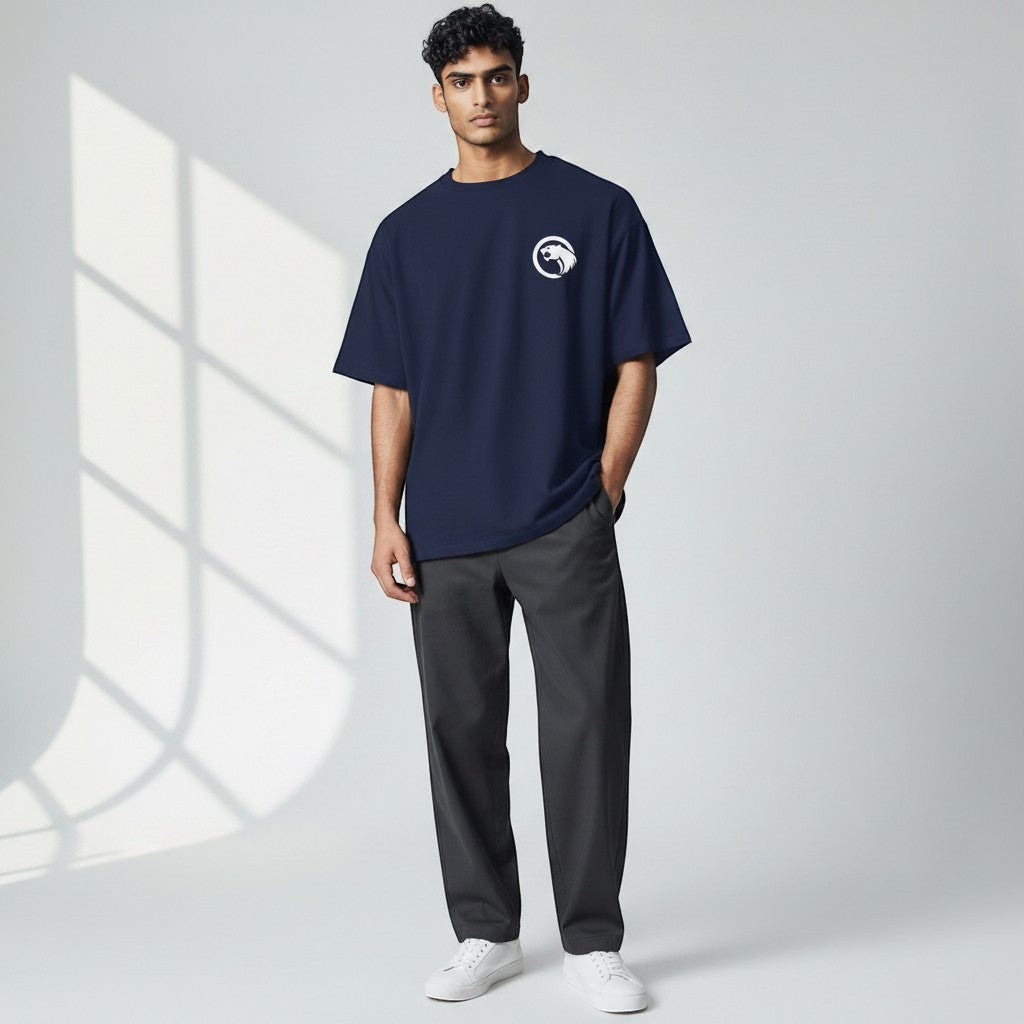 GYM PANTHERS navy blue 100% cotton t-shirt with crew neck and short sleeves, featuring a white panther logo on the chest.