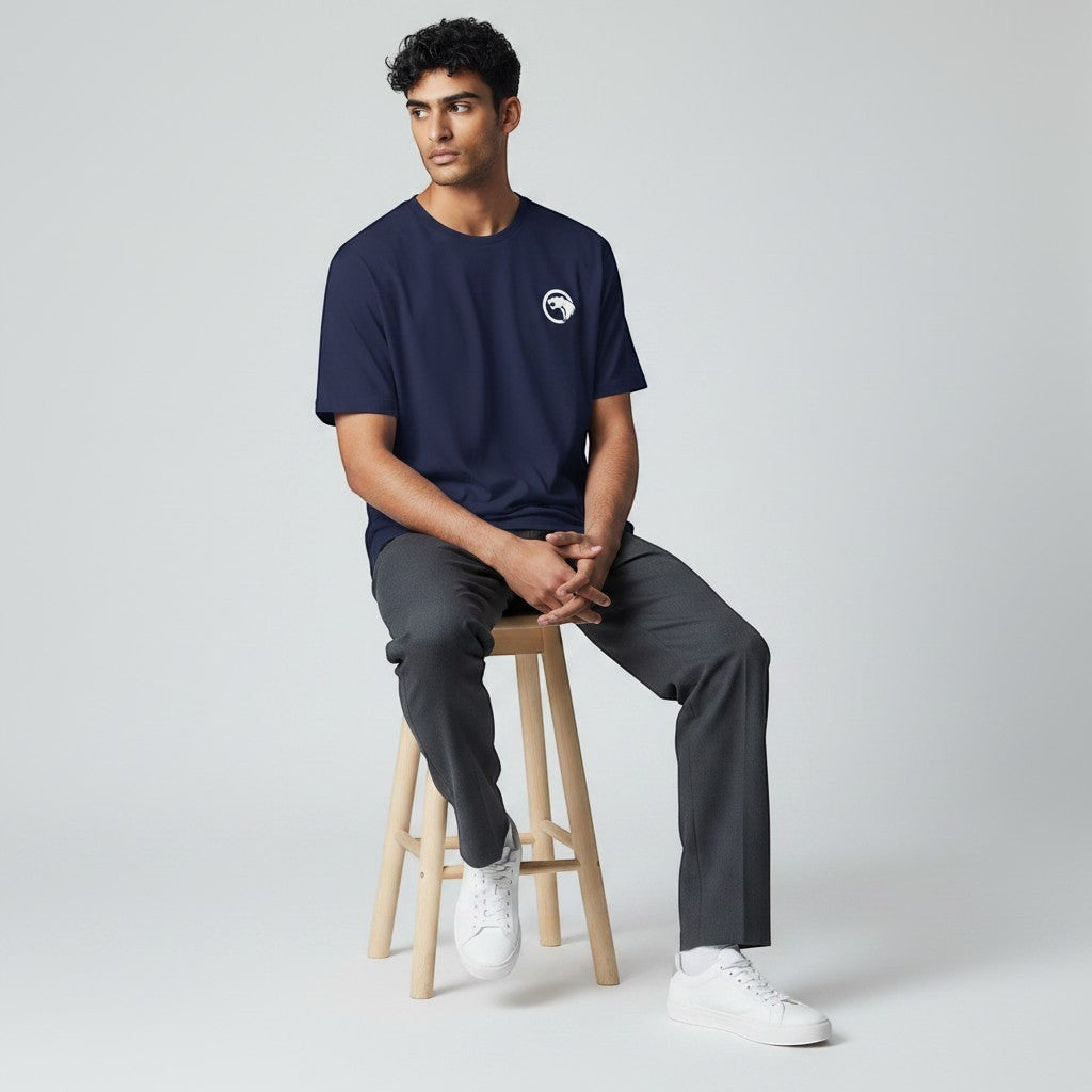 GYM PANTHERS navy blue 100% cotton t-shirt with white panther logo on chest. Designed for performance and everyday wear.