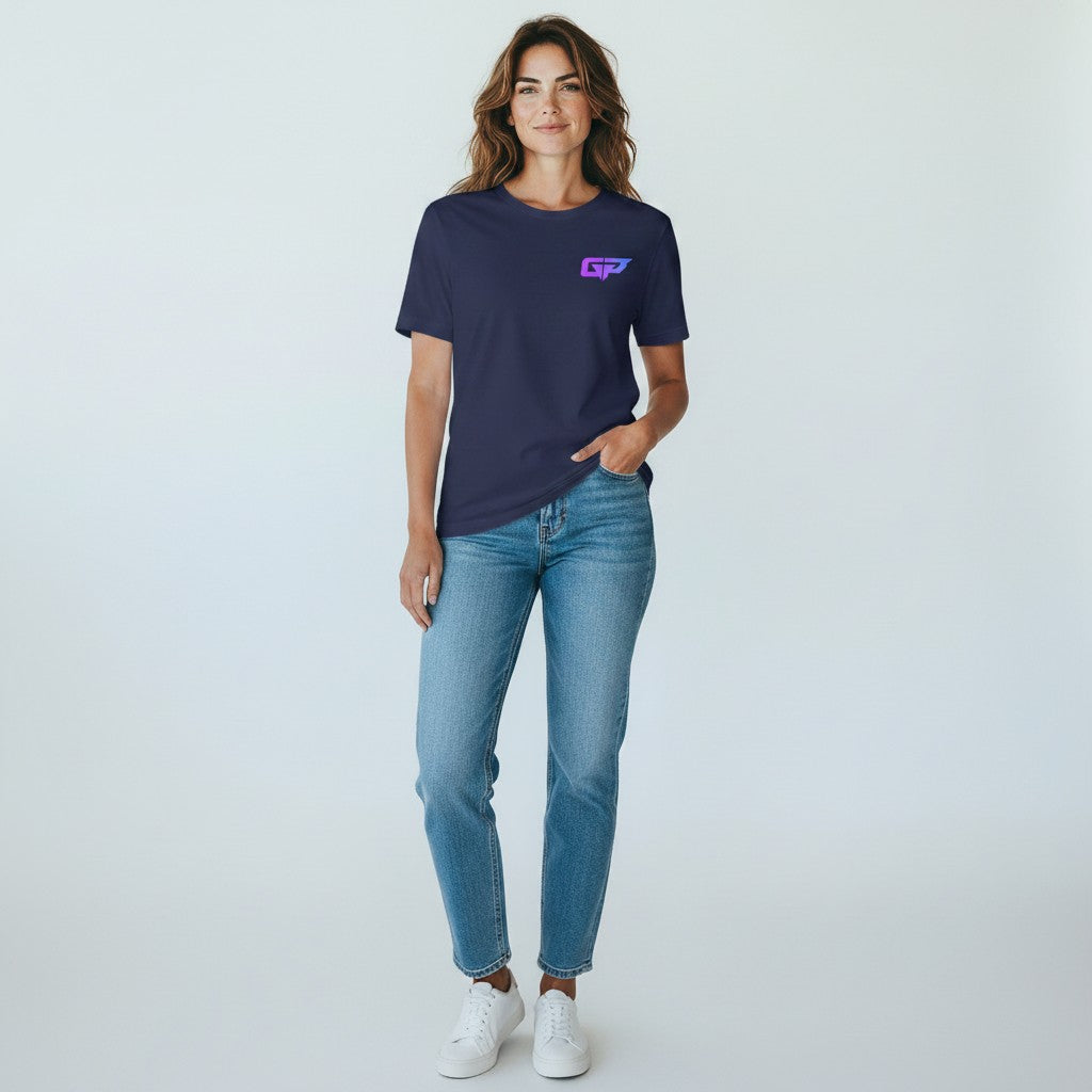 GYM PANTHERS navy blue unisex t-shirt made from 100% cotton with a small gradient GP logo on the left chest.