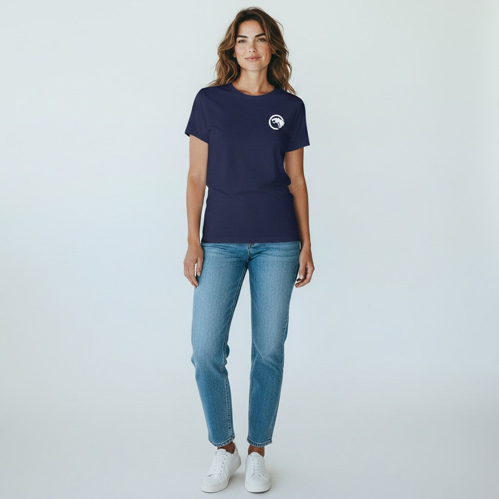 GYM PANTHERS navy blue 100% combed ring-spun cotton t-shirt with white panther logo on chest. Crew neck, short sleeves.