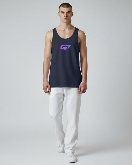 GYM PANTHERS men's navy blue 100% cotton classic tank top with a purple and blue gradient GP logo on the chest.