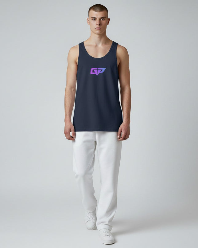 GYM PANTHERS men's navy blue 100% cotton classic tank top with a purple and blue gradient GP logo on the chest.